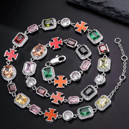 Gorgeous Mixed Gemstone Cross Tennis Chain 5A CZ Enamel Gem 18K Gold Plated Vintage Multi Colored Jewelry Necklace for Women Men